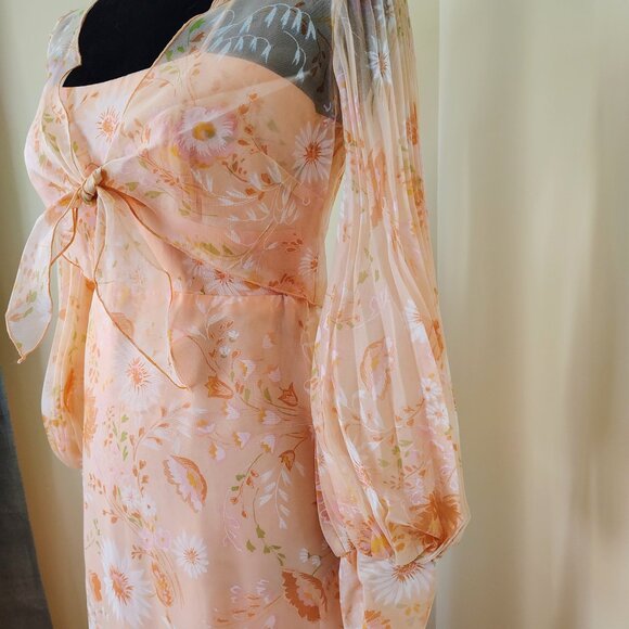 Vintage 70s Orange Sherbet Floral Chiffon Maxi Dress w/ Poet Sleeve Bolero - Picture 5 of 9